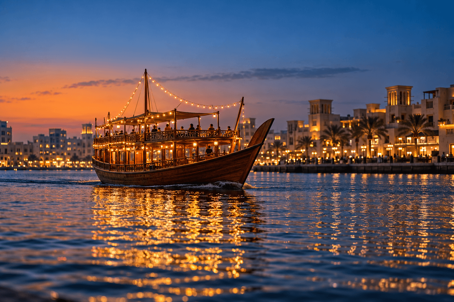 Traditional wooden boat gliding along a city waterway at dusk with warm lights reflecting on the water