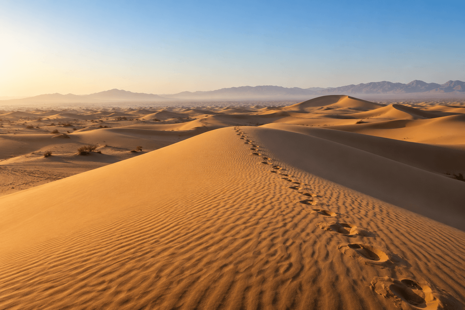 Golden sand dunes under a clear blue winter sky with soft morning light