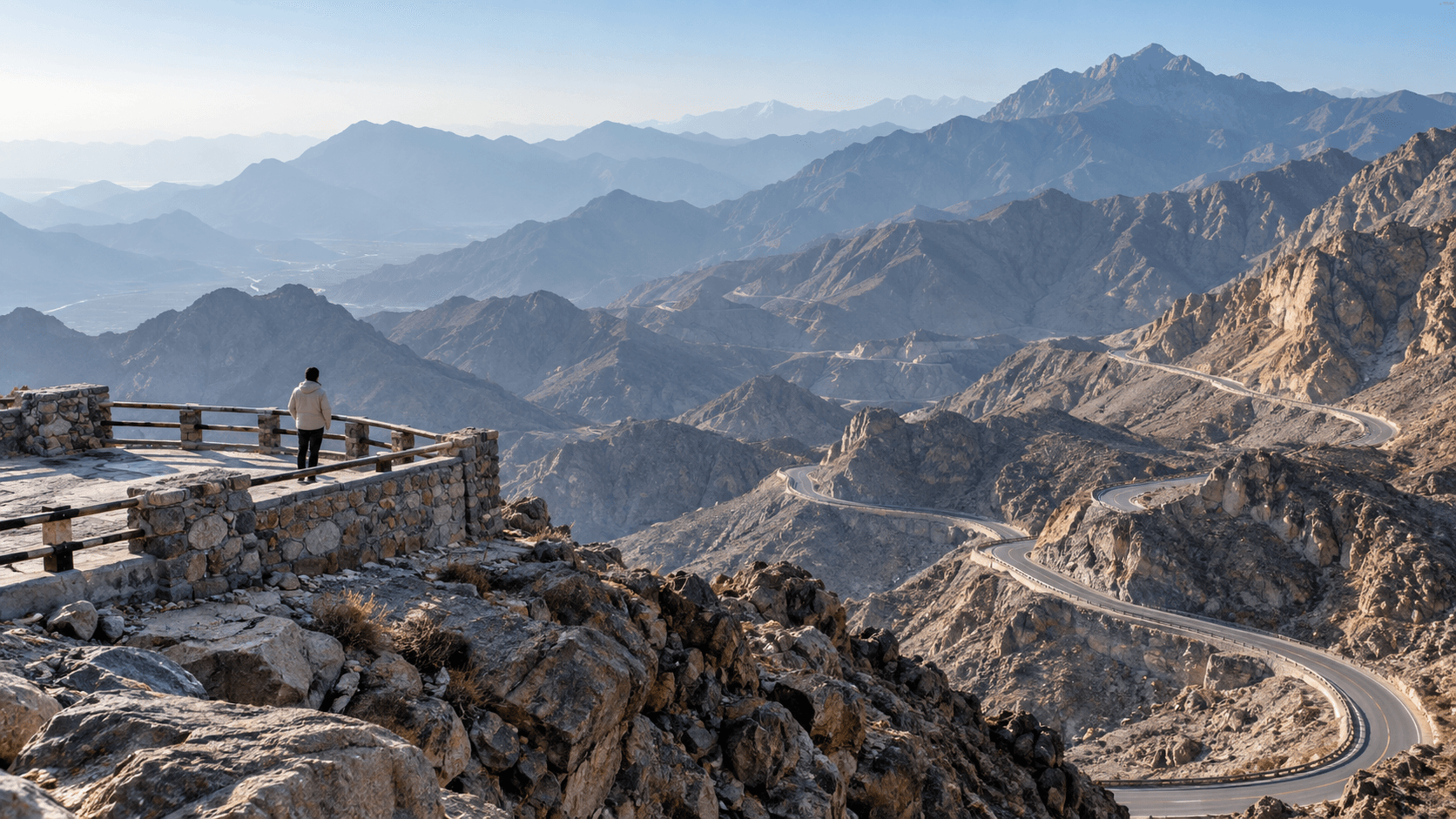 Winding mountain road through rugged rocky peaks in cool afternoon light
