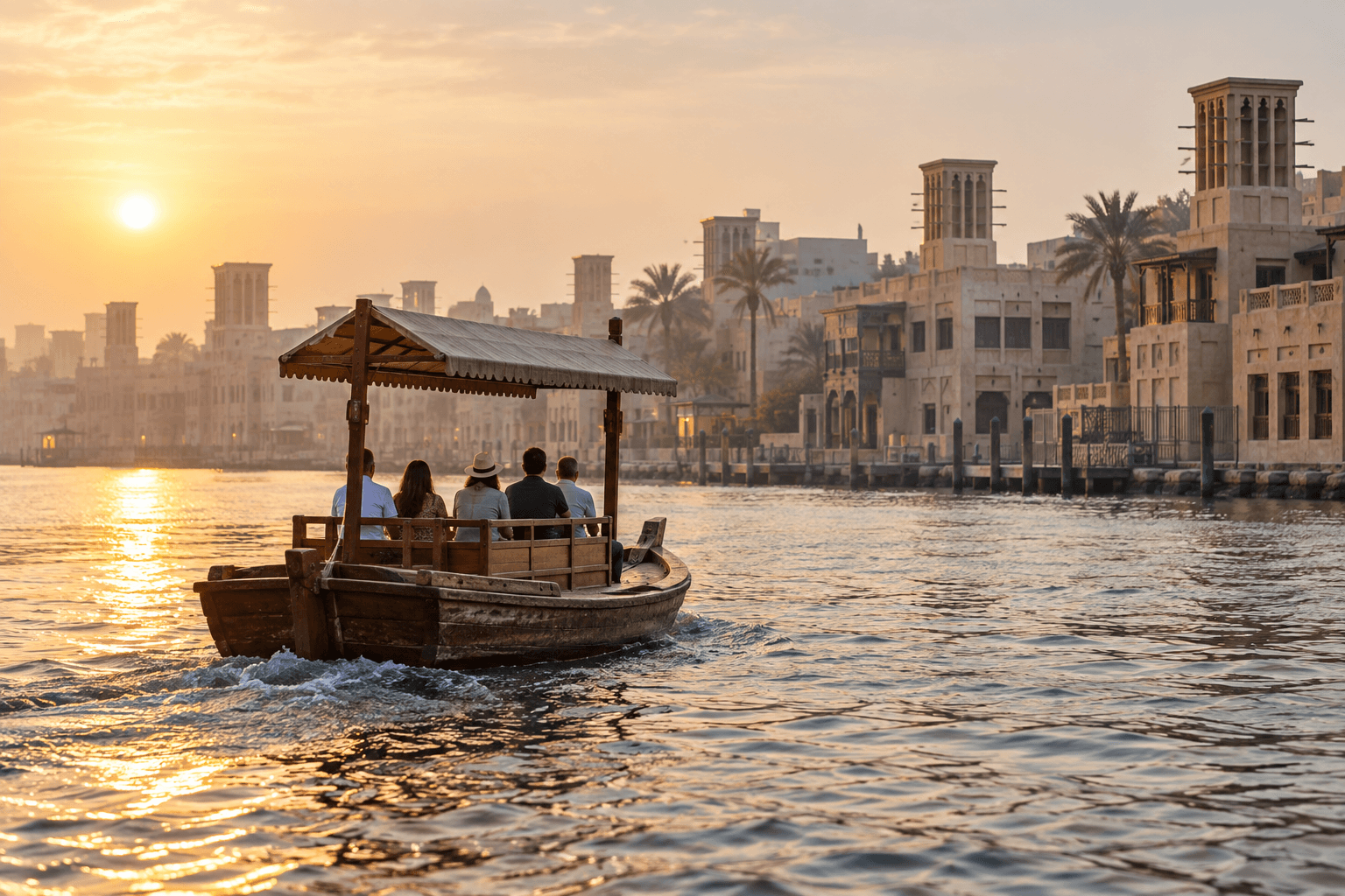 Traditional wooden abra boat crossing a creek in soft morning light with old low-rise buildings along the bank