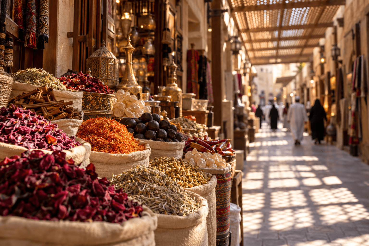 Narrow covered market lane with sacks of colourful spices and dried goods